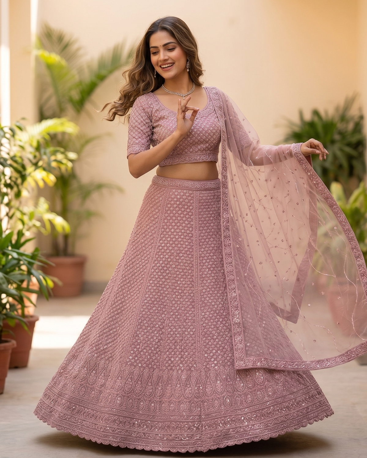 Rajshri Fashions Dusty Rose Intricate Threadwork & Sequins Embellished Lehenga - Rajshri Fashions Sowcarpet Chennai
