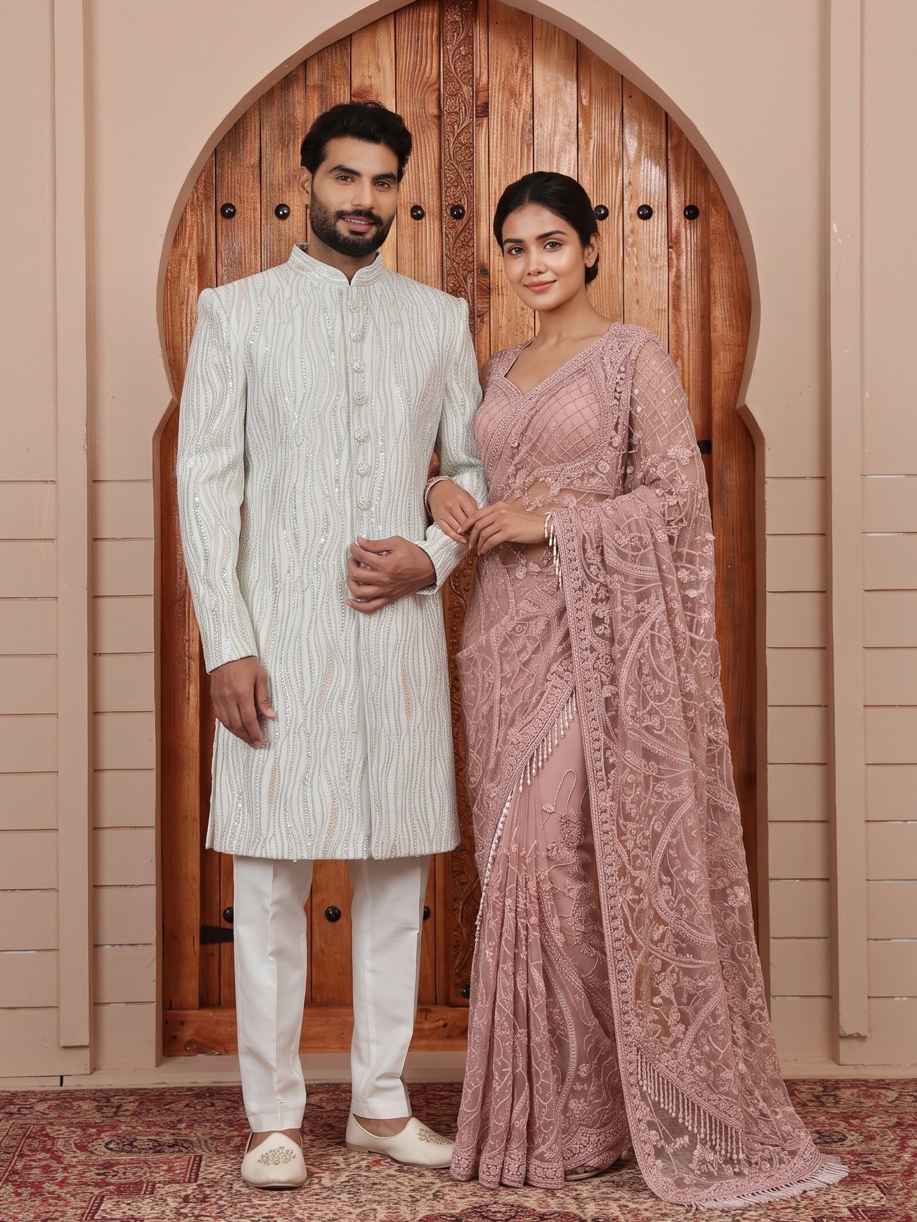 Rajshri Fashions Ivory & Blush Pink Embroidered Couple Ensemble - Rajshri Fashions Sowcarpet Chennai