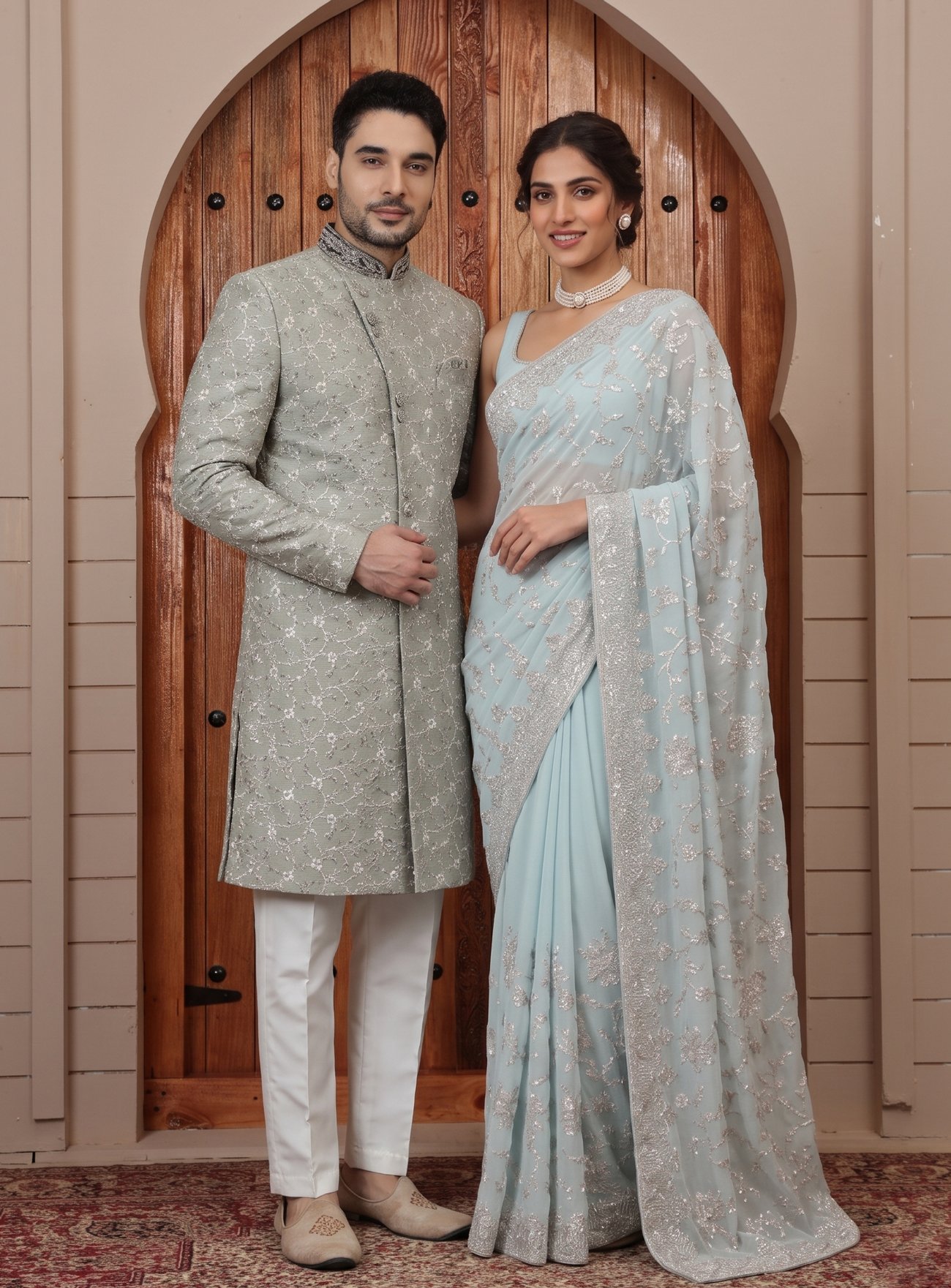 Rajshri Fashions Powder Blue & Pista Green Embroidered Couple Ensemble - Rajshri Fashions Sowcarpet Chennai